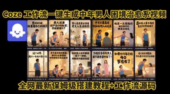 coze工作流一键生成”中年男人困境扎心高涨粉高播放量图文视频”保姆级拆解教程，无需剪辑，无需拍摄写文案-创业项目网