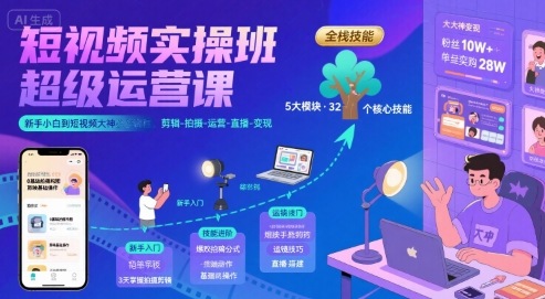 短视频实操班超级运营课，新手小白到短视频大神必修课程，剪辑-拍摄-运营-直播-变现-创业项目网