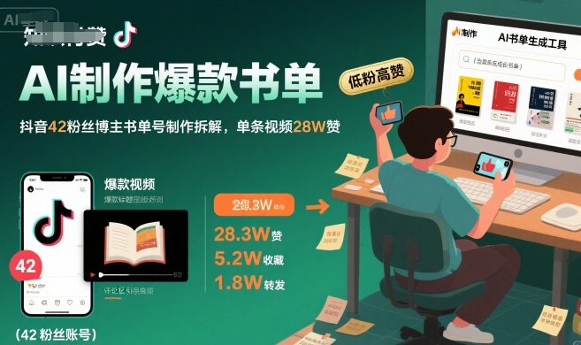 AI制作爆款书单，抖音42粉丝博主书单号制作拆解，单条视频28W赞-创业项目网