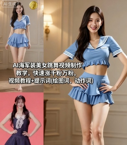 AI海军装美女跳舞视频制作教学，快速涨千粉万粉，视频教程+提示词(绘图词、动作词)-创业项目网